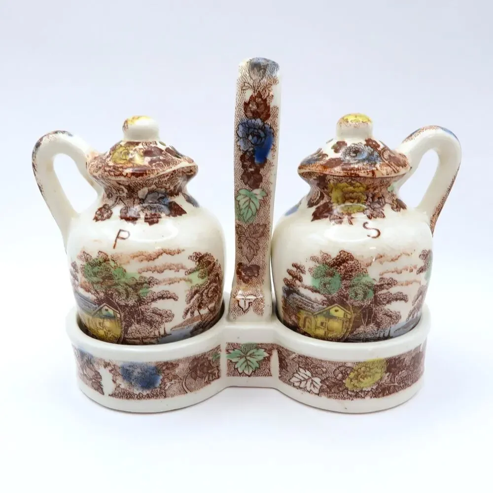 Vintage NASCO Mountain Woodland Salt Pepper Shakers Caddy Transferware Japan